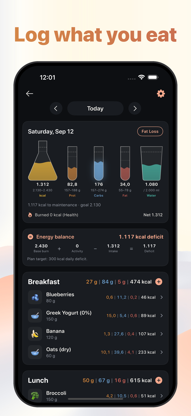 Chicken screenshot: the food log, with the day's calories and macros