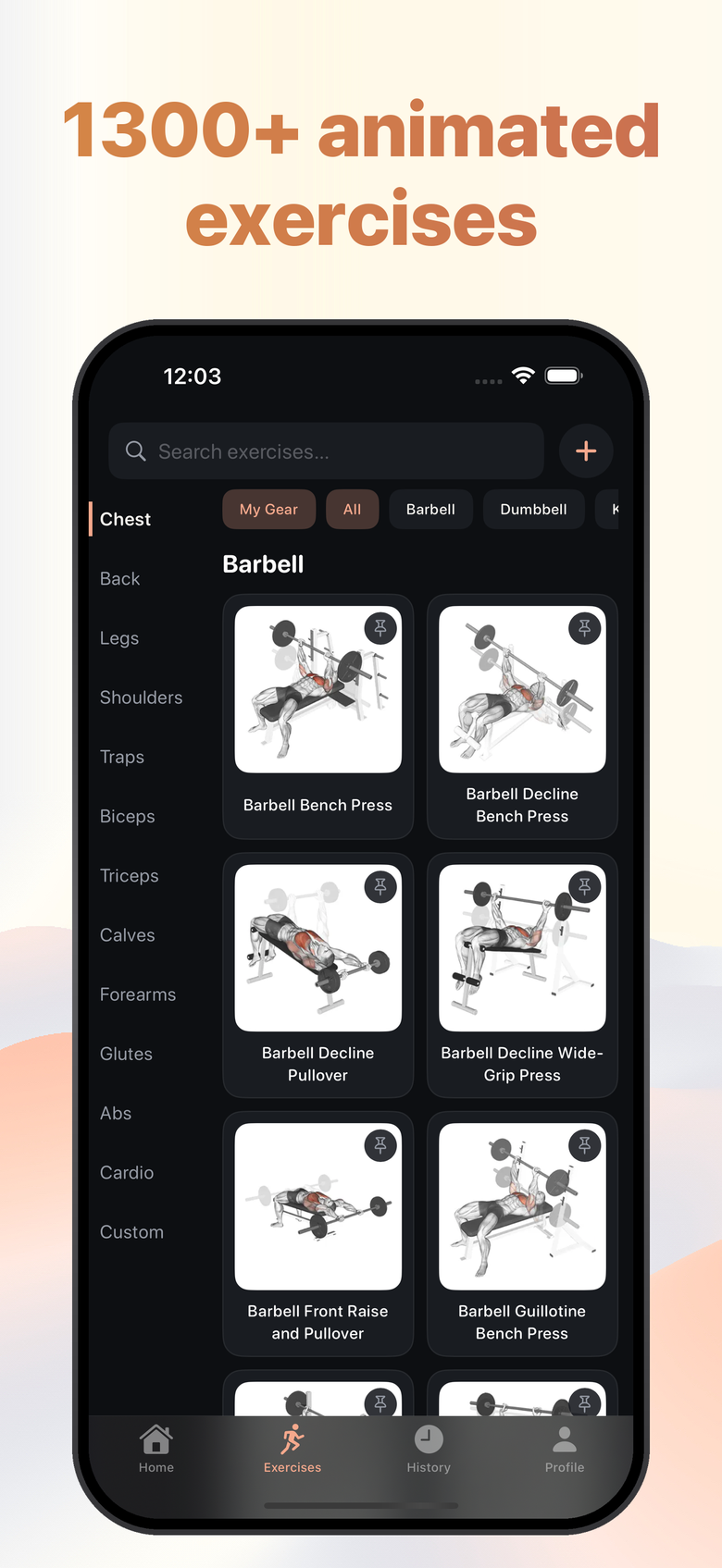 Chicken screenshot: the exercise library with animated guides