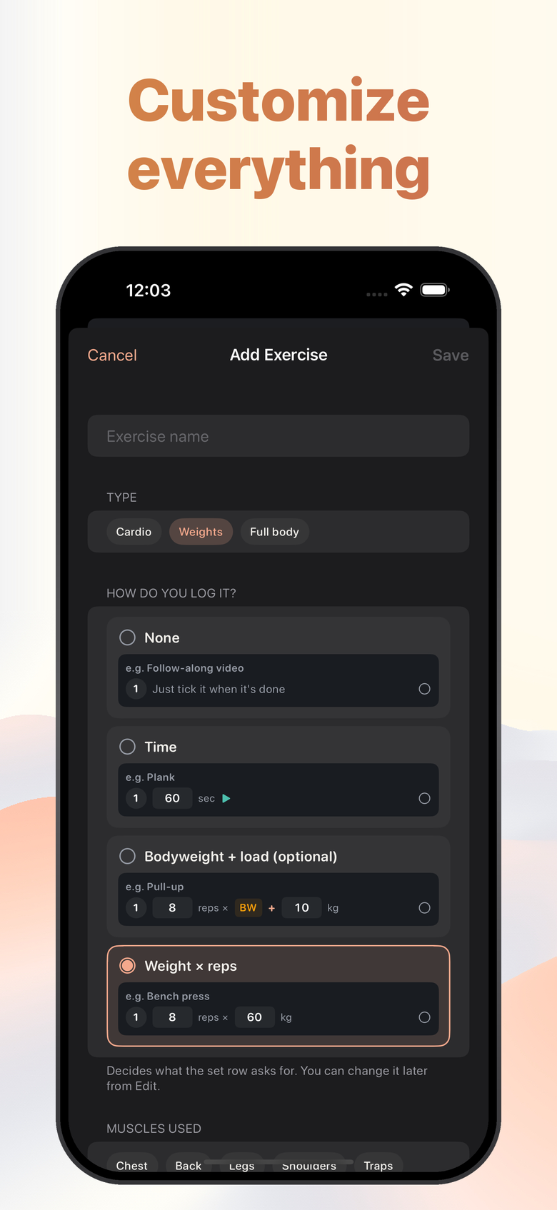 Chicken screenshot: a custom exercise and a custom plan